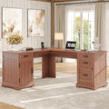 Whalefall Farmhouse L Shaped Desk with Drawers 67 Inch Executive Home Office Desk with File Cabinet Computer Corner Desk with Charging Station Cherry Brown