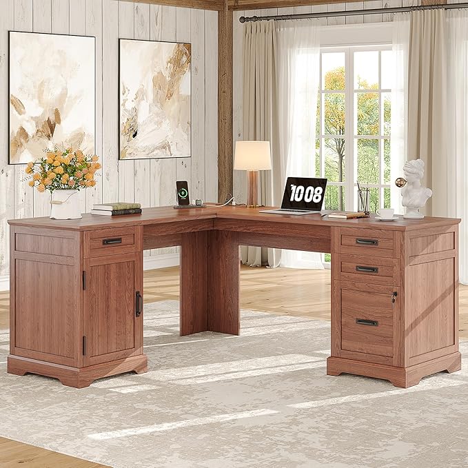 Whalefall Farmhouse L Shaped Desk with Drawers 67 Inch Executive Home Office Desk with File Cabinet Computer Corner Desk with Charging Station Cherry Brown