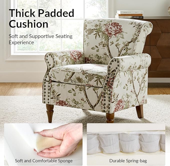 Wingback Accent Chair with Wood Legs Modern Comfy Upholstered Armchair with Removable Cushion and Nailhead Trim Floral Pattern Single Sofa Reading Chair for Living Room Bedroom