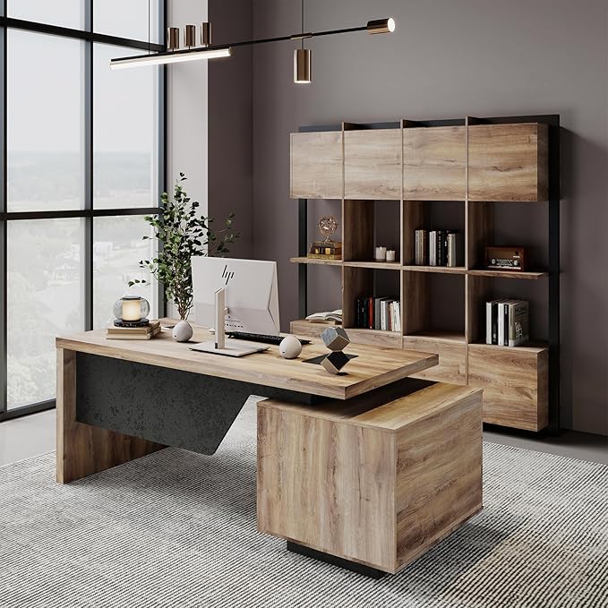 Modern Executive Desk Rectangle Office Desk with Storage Cabinet Width Adjustable Standing Desks Stand Under Table Storage Organizer Mahogany