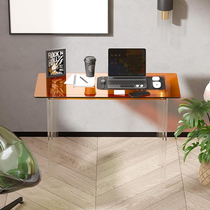 Modern Acrylic Desk for Home Office - Multi-Purpose Study Table with Extended Surface Sturdy Lightweight Design Transparent Orange Console &amp Entryway Table (42.5 Inch)
