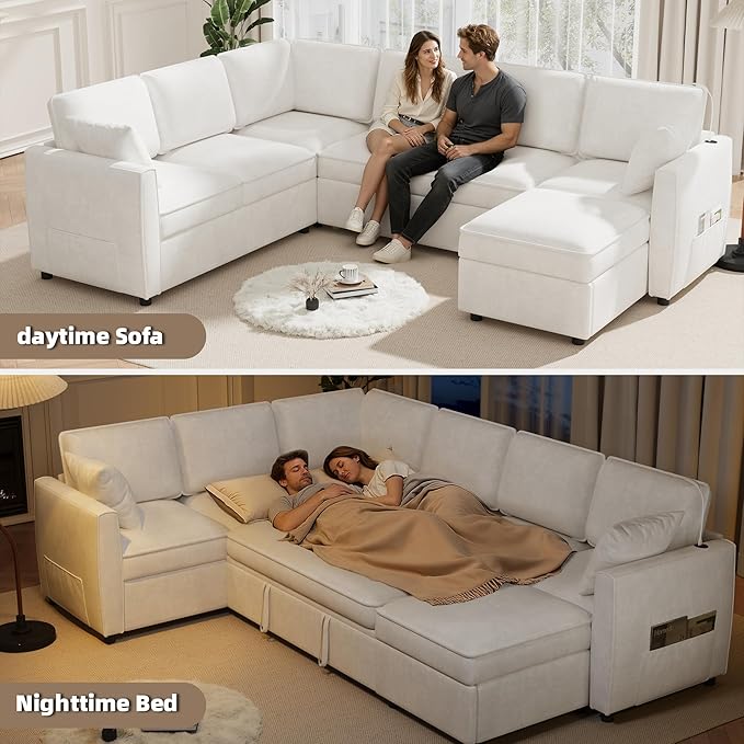 120 Sectional Sofa Couch with Pull out Bed 7 Seat U Shaped Pull out Couch Bed with USB Ports Velvet Modular Sleeper Sofa Bed with Throw Pillows Large Sectional Couches for Living Room Beige