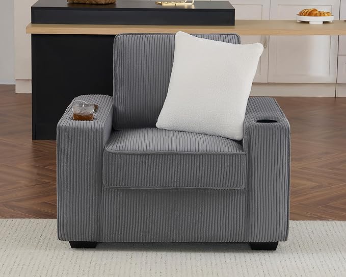 VanAcc Sofa Comfy Couch- Deep Seat Sofa Modern Couch with Cup Holders &amp USB Charging Ports Sofa Chair for Living Room(Ash Grey Corduroy)