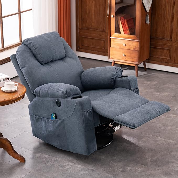 Manual 360° Swivel Rocker Recliner Chair Ergonomic Fabric Lounge Sofa Chair Glider Rocking Heated Massage Chair with Side Pockets 2 Cup Holders &amp USB Ports for Living Room Bluish Grey
