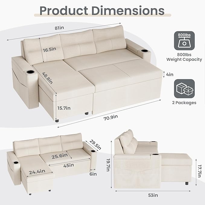 Pamapic 81 Sleeper Sofa with Armrest StorageL-Shaped Sofa with Supportive CushionsCup HoldersSide PocketsPull Out Sleeper Sofa BedPullout Sectional Sofa Couch with Large StorageBeige