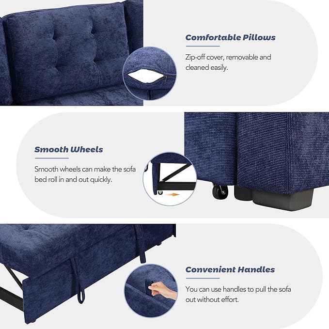 Velvet Fabric L-Shape Reversible Sleeper Sectional Sofa Couch 2 in 1 Pull Out Convertible Sofa Bed with Wheels and USB Ports for Living Room Apartment Office (Navy Blue-SFB)