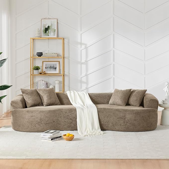 KEIKI 113 Oversized Chenille Curved Modular Sectional Sofa with High-Density Sponge Upholstered Modern 4-Seater Compression Cloud Couch No Assembly Needed for Apartment Living Room Light Brown