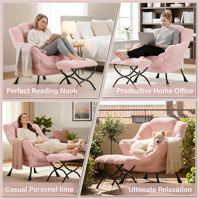 Lazy Chair and Ottoman Large Contemporary Plush Pink Accent Chair with Side Pocket Modern Leisure Upholstered Reading Armchair with Footrest for Office Bedroom Living Room Dorm Balcony