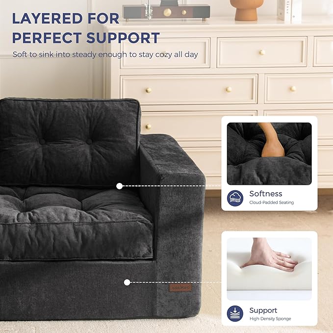 MAXYOYO Boneless Sofa Couch 75 Oversized Loveseat Sofa Tufted Floor Couch Bean Bag Chair for Living Room Bedroom Apartment Sofa in a Box No Assembly Needed Black