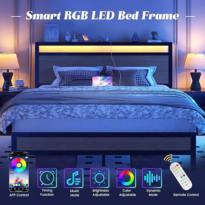 Queen Bed Frame with Headboard &amp Footboard Bed Frame with Built-in Charging Station &amp LED Light Storage Shelf Noise-Free No Box Spring Needed Easy Assembly Rustic Grey