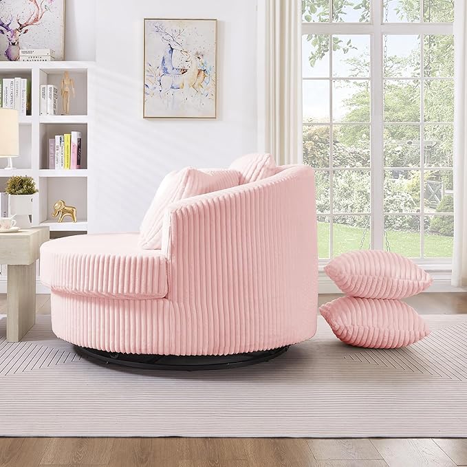 360° Swivel Accent Barrel Chair Corduroy Comfy Round Swivel Chair with Mental Base &amp Pillows Modern Lounge Reading Armchair Upholstered Plush Sofa Chairs for Living Room Bedroom Apartment(Pin