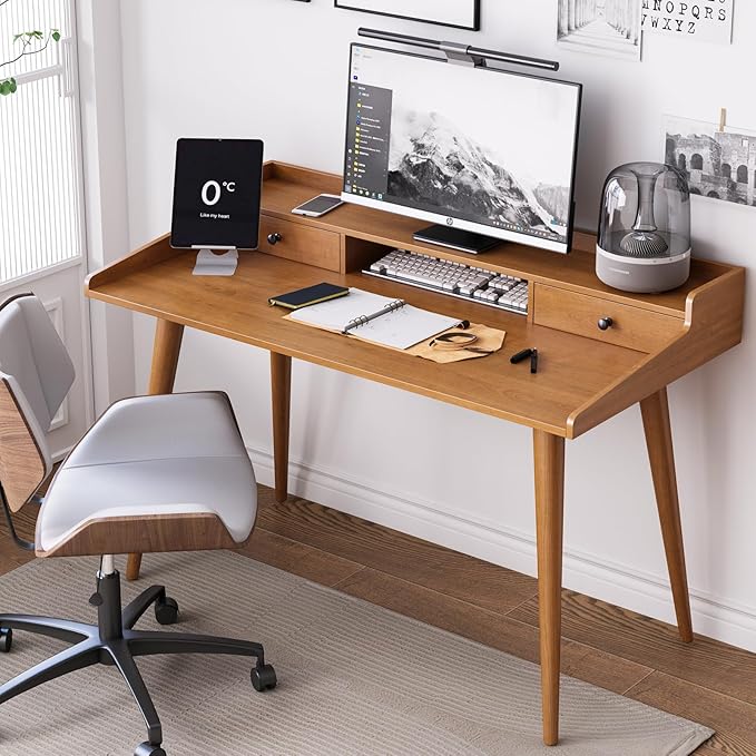 Mid Century Modern Desk 51 Wood Home Office Writing Computer or Laptop Desk with Monitor Stand Riser and Open Storage Cubby Vanity Desk with 2 Drawers (51.2×25.6)