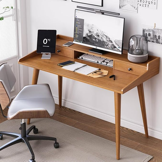 Mid Century Modern Desk 51 Wood Home Office Writing Computer or Laptop Desk with Monitor Stand Riser and Open Storage Cubby Vanity Desk with 2 Drawers (51.2×25.6)