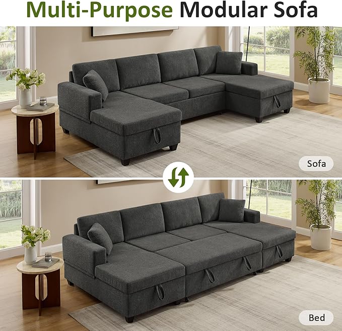 VANOMi 113 U Shaped Modular Sofa with Pull Out Bed &amp Storage Modern Sectional Sleeper Sofa with Chaise Chenille Sectional Couches for Living Room Small Space Apartment Dark Grey | Pull Out B