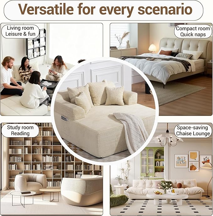 58 Inch Chaise Lounge Chair Indoor Corduroy Boneless Sofa Bed Deep Seat Sleeper Couch Reading Chairs Upholstered Comfy Cloud Sofas Couches for Living Room No Assembly Required Beige