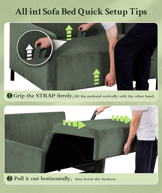 47.2 Convertible Sofa Bed Couch Comfy Corduroy Couch Bed All in 1 Loveseat Sleeper Sofa Love Seat Sleeper Bed with 2 Pillows Modern Couches for Living Room/Apartment/Home/Office Green