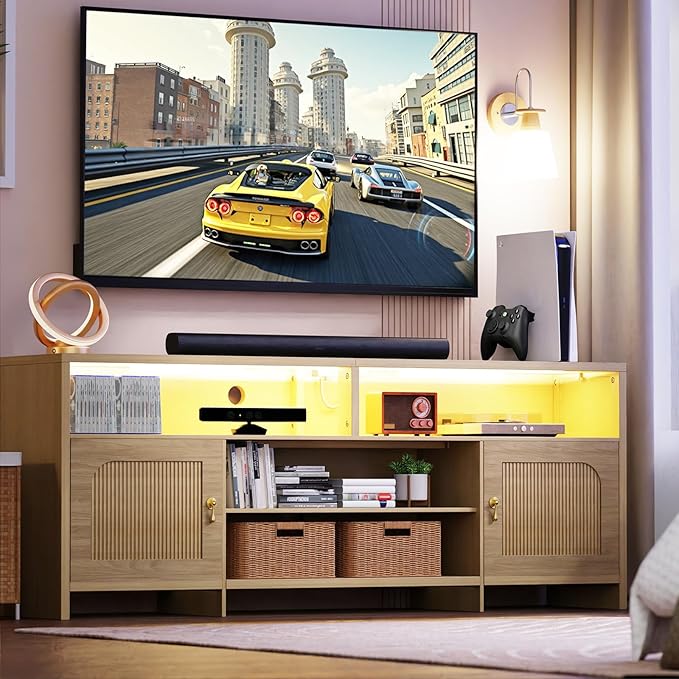 Fluted TV Stands for Living Room 70 Mid-Century Modern Entertainment Center with LED Lights and Open Storage Shelves Curved TV Media Console (Natural Oak)