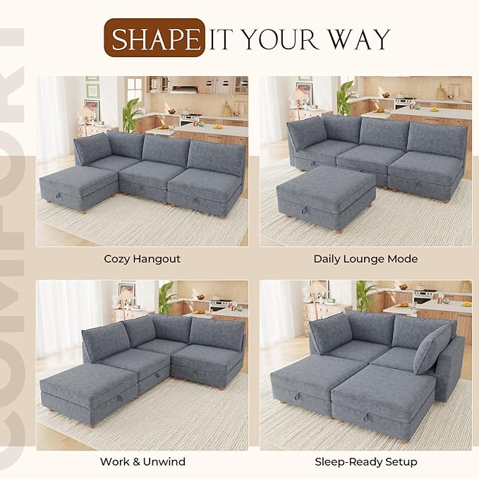 93'' Modular Sectional SofaFSC Certified 4 Seater Sectional SofaChenille Couch with Removable Washable CoversModern Couch with OttomanU Shaped Couch with StorageBeige Couches for Living Room