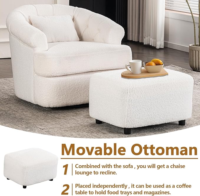 Swivel Accent Chair with Ottoman for Living Room Boucle Swivel Chairs &amp Upholstered Barrel Chair with Ottoman White Sherpa Chairs for Small Spaces with Curved Backet 360 Swivel and Pillow
