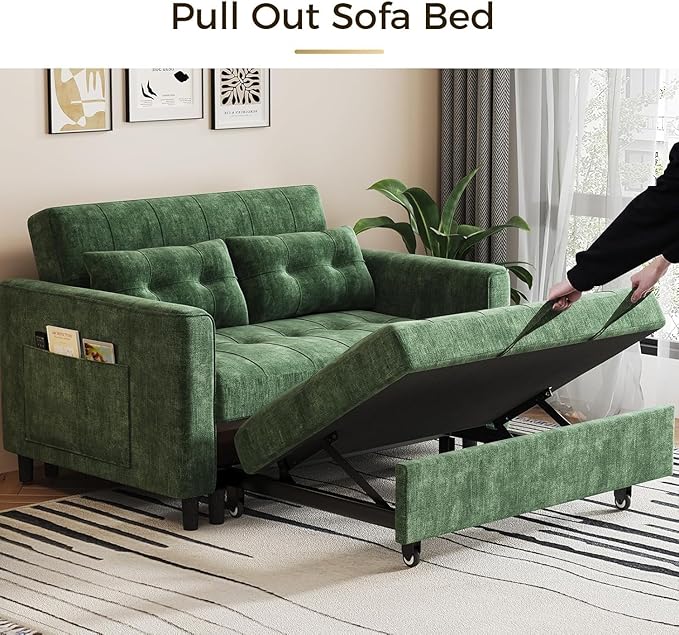KKL 3 in 1 Convertible Sleeper Sofa Bed Pull Out Couch Bed with Adjustable Backrest Chenille Loveseat Pullout Couches with Side Pocket for Living Room Bedroom (Green)