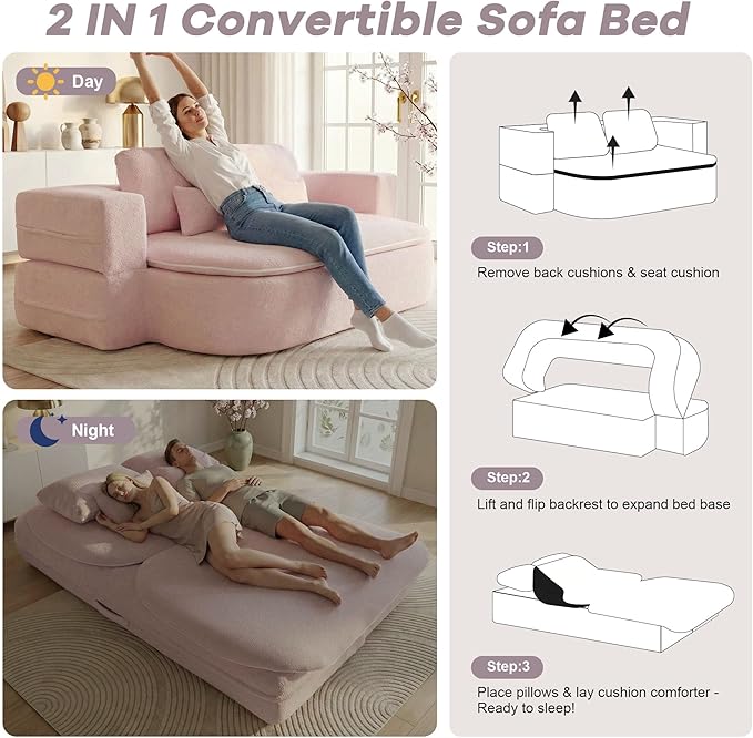 75'' Folding Sleeper Sofa Bed Convertible Memory Foam Boneless Couch Foldable Full Size Guest Bed Modern 2-in-1 Futon Floor Sleeper Sofa with 4 Pillows and Blanket (Teddy Pink2)