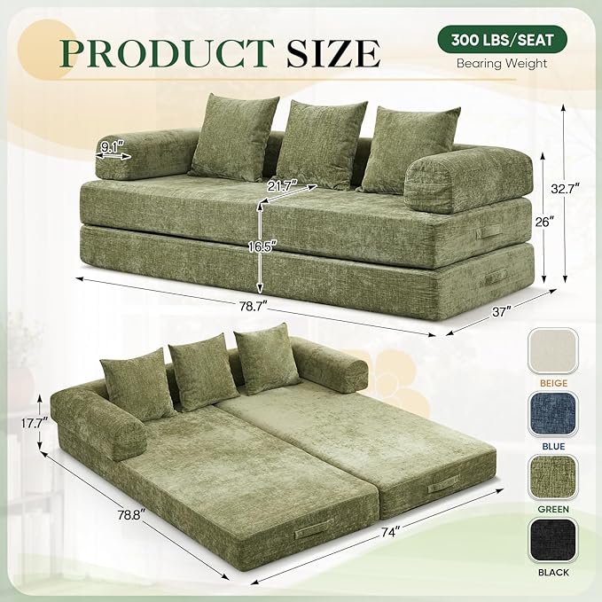 3 in 1 Convertible Futon Sofa Bed Modern King Size Chenille Loveseat Sleeper Sofa Folding 3-Seater Foldable Lounger Couch Bed for Living Room Bedroom Guest Room (Green 3 Throw Pillows)