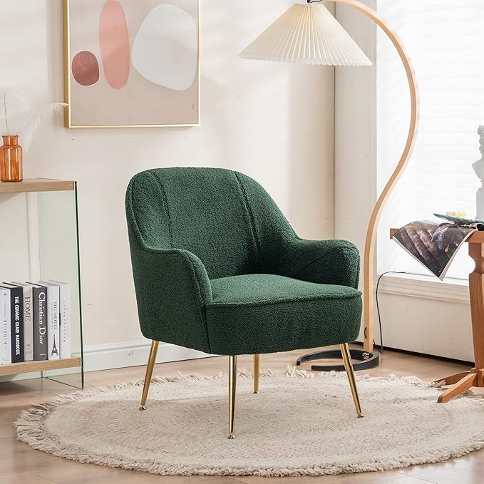 Modern Soft Green Teddy Fabric White Ergonomics Accent Chair Living Room Chair Bedroom Chair Home Chair with Gold Legs and Adjustable Legs Family Room Sofa Armchair Furniture for Indoor Home (Green)