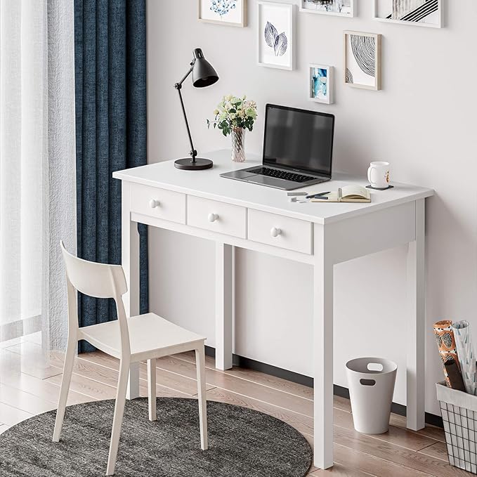 ADORNEVE Writing Desk with 7 Drawers Home Office Desk with Hutch Student Desk Study Table Small White Desks Solid Pine Wood Legs