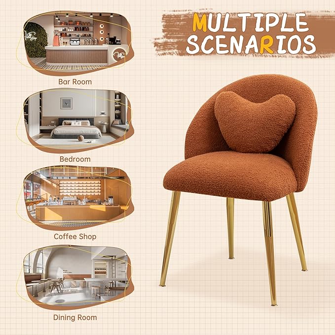 Vanity ChairAccent Makeup Comfy Cute Desk Girls Fluffy Chairs for Bedroom No Wheels Gold Metal Legs Stool (Teddy Brown)