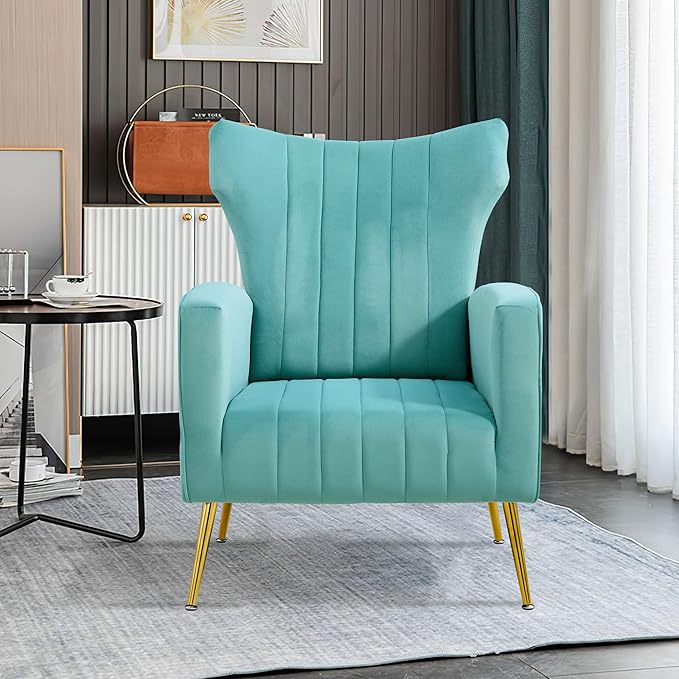 Modern Velvet Accent Chair with Arms Wingback Reading Chair with Gold Metal Legs Comfy Upholstered Single Leisure Sofa for Living Room Bedroom Club(Velvet+Blue)