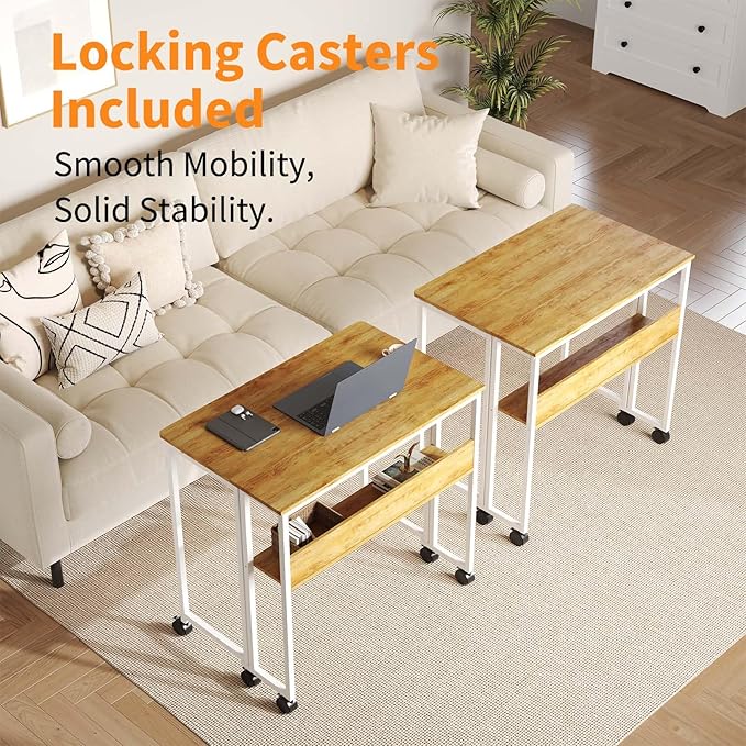 24.8 Folding Rolling Desk with Storage Shelf Small Foldable Computer Table on Wheels for Home Office &amp Small Spaces Portable Workstation with Brakes Oak