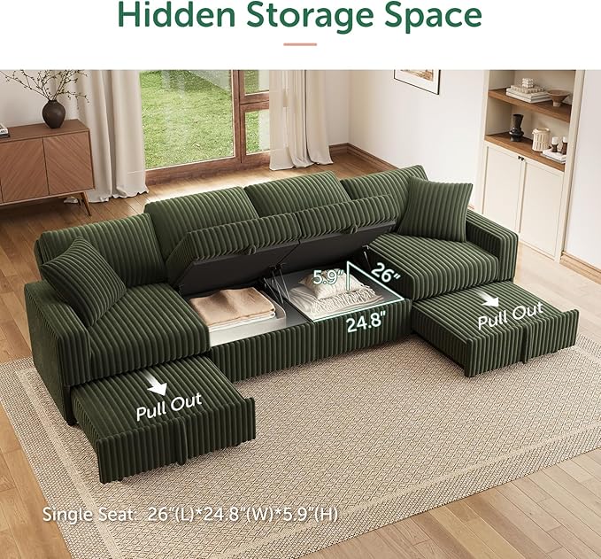 HONBAY 121.3 Inch Modular Sectional Sofa L &amp U Shaped Pull Out Couch with Adjustable Backrest &amp Storage Velvet Green