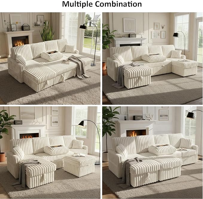 104 U Shaped Sleeper Sofa Bed Sectional Couches for Living Room Plush Corduroy Pull Out Couch Bed with Storage Modular Sectional Couch with Charging Station Cup Holder Side Pocket Beige