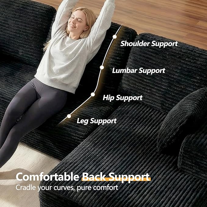 104” Boneless Couches for Living Room Modular Cloud Sectional Sofa with Chaise Deep Seat Upholstered No Assembly Required(Black L Shape with Right FacingChaise)
