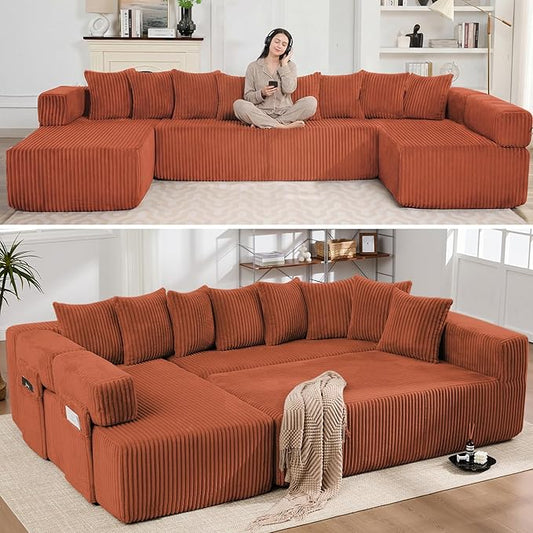 Oversized Cloud Boneless Couch with Chaise Modern Modular Corduroy Sofa with Deep Seat Various Combinations Upholstered Couches with Storage No Assembly Required-Orange