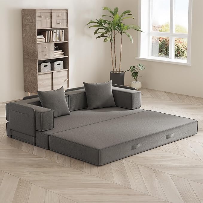 4-in-1 Convertible Sofa Bed 82“ Compression Sofa with Chenille Fabric Pull Out Sleeper Sofa with 2 Pillows &amp 4 Side Pockets for Living Room Bedroom Apartment No Assembly Required Dark Grey