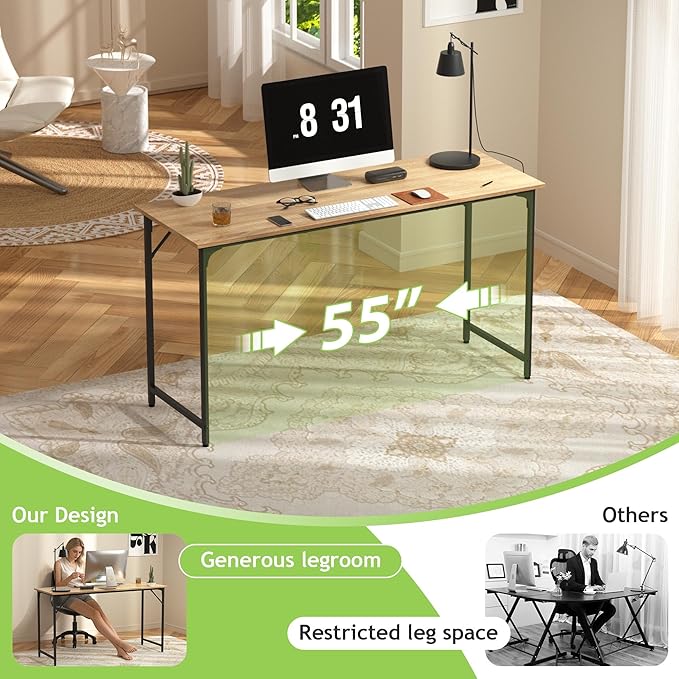 55 Inch Office Desk Modern Simple Style Computer Desk and Study Table with Sturdy Metal Frame Writing Work Desk for Home Office Gaming Desk for Gaming Room Nature