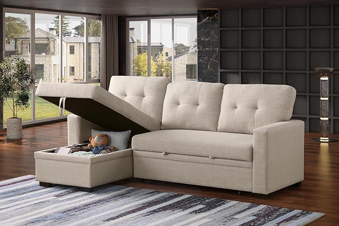 ERYE 82-inch Pull Out Sleeper Couch Bed L-Shaped Reversible Sleeper Sectional Sofa Linen Blend Tufted Upholstered Corner Convertible Sofa Bed with Storage Chaise