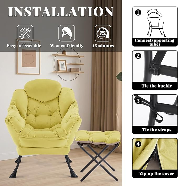 Lazy Chair with Ottoman Comfy Accent Lounge Chair with Side Pocket Modern Reading Armchair with Footrest Upholstered Sofa Chair for Small Spaces Bedroom Living Room Dorm Yellow