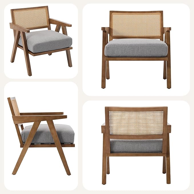 Mid Century Modern Accent Chair Comfy Living Room Chairs with Sturdy Wood Legs Rattan Backrest &amp Beige Thick Linen Cushion Armchair for Bedroom Balcony Apartment Gray (2 PCS)