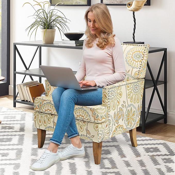 Modern Floral Wingback Accent Chair - Upholstered Fabric Club Chair for Living Room Bedroom &amp Reception Room Mid-Century Comfort Sofa Chair with Elegant Home Decor (Floral 1)