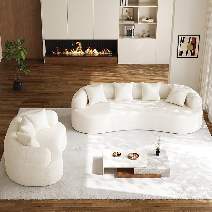 Oversized Sectional Sofa for Living Room Modern Luxury Plush Chenille 4-Seater Extra Deep &amp Wide Seat Curved Cloud Couch with 4 Throw Pillows No Assembly Needed Cream White