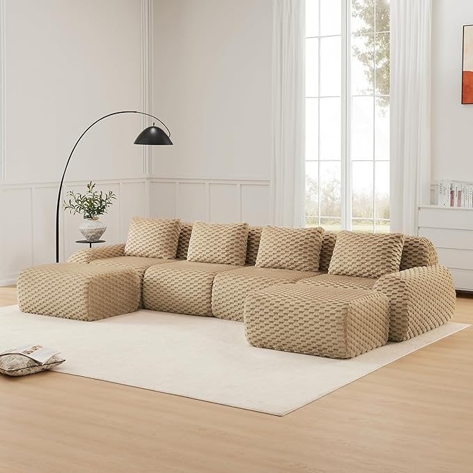 146 Boneless Couches for Living Room Oversized U-Shaped Couch with Buckle Connection Anti-slip Design Flannelette Fabric Modular Sectional Sofa with Deep Seat (Light Camel 4 Seat + 2 Ottoman)