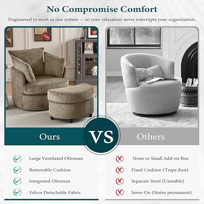 Swivel Accent Chair Round Barrel Armchair Upholstered Living Room Chair Corduroy Reading Chair Single Sofa Chair for Bedroom Apartment Office (Brown Upgrade 1Seater+ Ottoman)