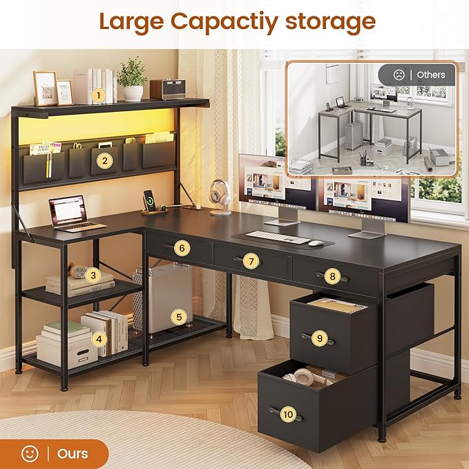 Itaar L Shaped Gaming Desk with 5 Drawers and Storage Shelves Reversible Computer Desk with Bookshelf for Home Office L Shaped Corner Desk with LED Lights Power Outlets and Storage Bag Black