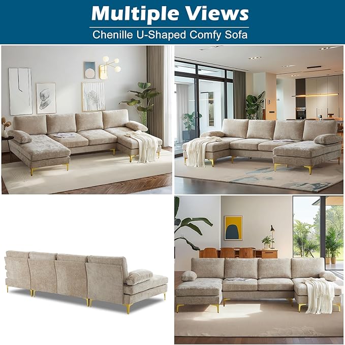 VINGLI 110 Large U-Shape Sectional Sofa Couch with 51 D Double Chaise for Living Room Modern Sectional Couch Set with Soft 5.9 Thickness Seating Padding Chenille FabricMetal Gold Legs(Khaki)