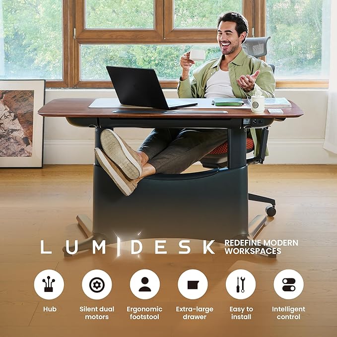 COLAMY Electric Standing Desk 55x28 Inch Wobble-Free Dual Motor Sit Stand Up Home Office Computer Desk One Piece Motorized Workstation Gamer Studio Table Outlets &amp FootrestWalnut Black
