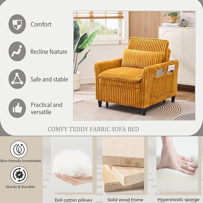 Modern Corduroy Fabric Sofa Bed Futon 3 in 1 Convertible Pullout Bed Sleeper Couches with 3 Reclining Backrests Small Sofa Chair Bed for Living Room Bedroom (Yellow)