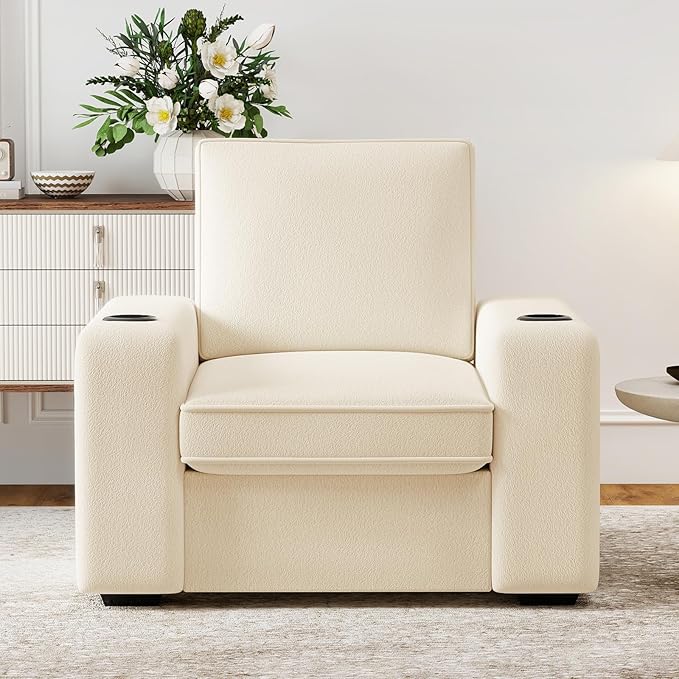 Furnimart 36 Wide Plush Accent Chair Single Sofa with USB Charger &amp Cup Holder Oversized Comfy Chair Tufted Terry Fabric Ideal for Living Room Bedroom Apartment(Terry-Beige)