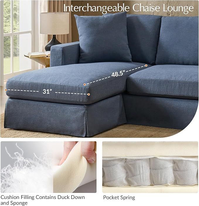 HULALA HOME 85 Slipcovered Sofa with Removable &amp Washable Cover 3-Seater Farmhouse Chaise Sofa with Down-Filled Cushions Comfy Upholstered Couch for Living Room Bedroom Navy